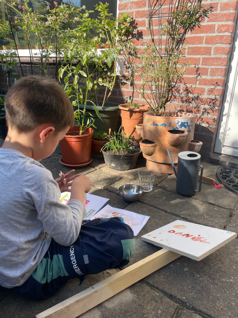 a pot of chives amongst other containers